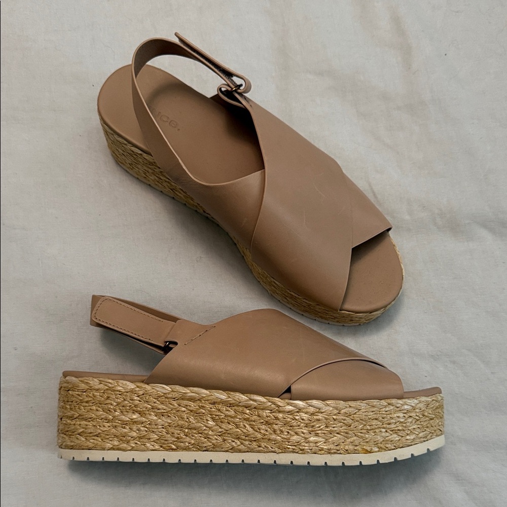 Vince Brown Leather Espadrille Wedge Sandals
